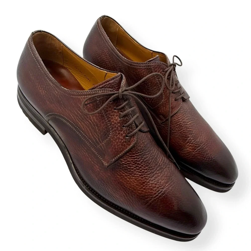Magnanni Derby Shoes Melich III 12M $625 Brown Painted Grained Leather 23794